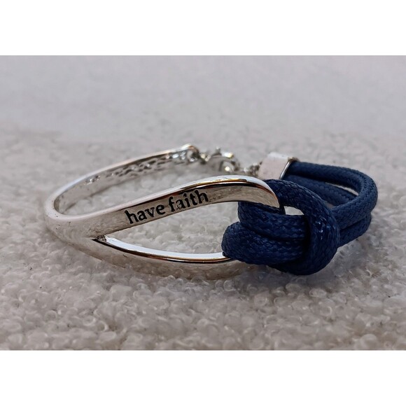 Avon Signed SAQ Silvertone & Blue Cord "Have Faith" Bracelet 6.5-7.5 in - Picture 8 of 14